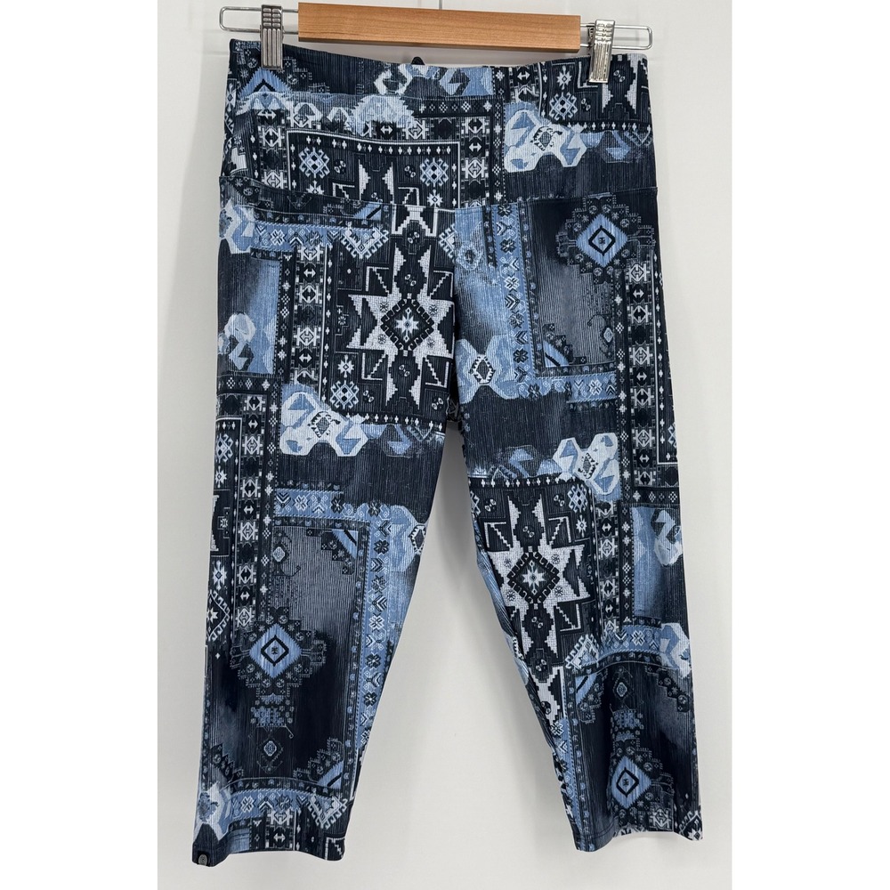 Onzie Sun Ray Back Capri Leggings Blue Tribal Geometric Strappy Back New Sz M/L